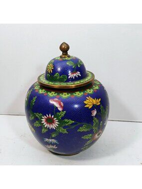 Vtg 8" Tall Cobalt Blue Floral Cloisonne Lidded Ginger Jar or Urn Made in China